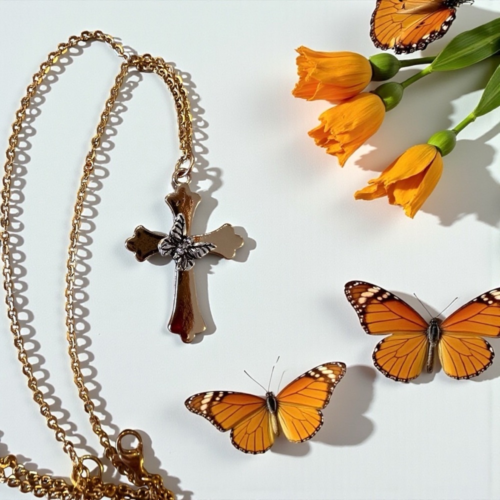 Gold and Silver Toned Cross and Butterfly Pendant Necklace - Picture 10 of 17